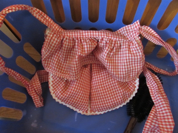 VINTAGE WOODEN FRAME IRONING BOARD, IRON, LAUNDRY BASKET & CLOTHESPINS IN APRON