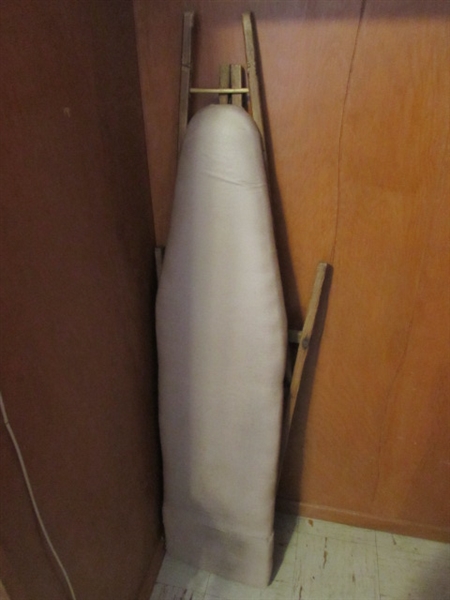 VINTAGE WOODEN FRAME IRONING BOARD, IRON, LAUNDRY BASKET & CLOTHESPINS IN APRON
