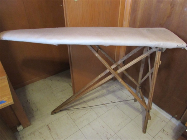 VINTAGE WOODEN FRAME IRONING BOARD, IRON, LAUNDRY BASKET & CLOTHESPINS IN APRON