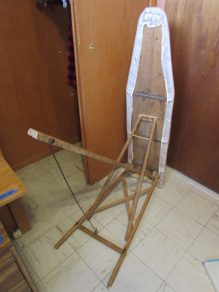 VINTAGE WOODEN FRAME IRONING BOARD, IRON, LAUNDRY BASKET & CLOTHESPINS IN APRON
