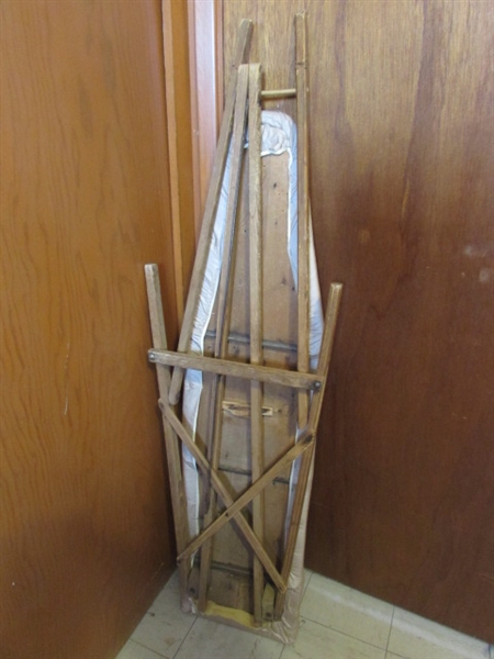 VINTAGE WOODEN FRAME IRONING BOARD, IRON, LAUNDRY BASKET & CLOTHESPINS IN APRON