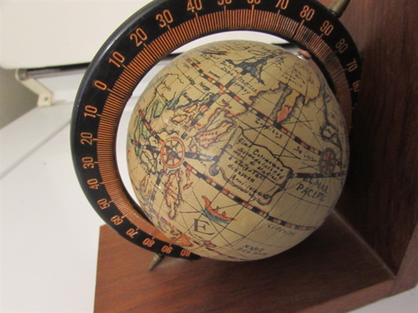 WOODEN BOOKENDS WITH GLOBES & VINTAGE RUBENS HEAD VASE
