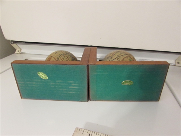 WOODEN BOOKENDS WITH GLOBES & VINTAGE RUBENS HEAD VASE