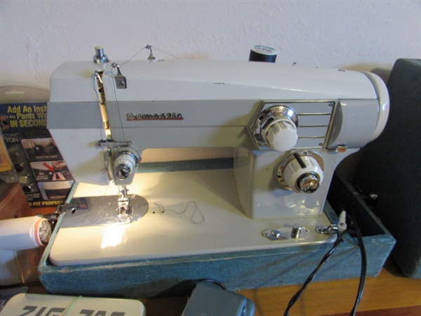 VINTAGE DOMESTIC SEWING MACHINE (WORKS) IN CASE & SEWING SUPPLIES