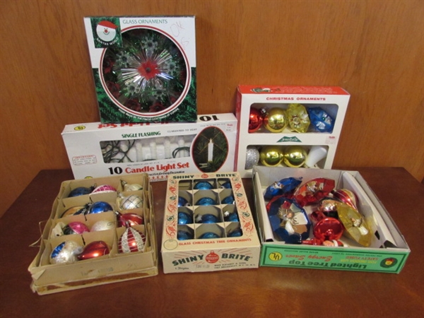 VINTAGE GLASS CHRISTMAS ORNAMENTS, CANDLE LIGHTS & TREE TOPPER