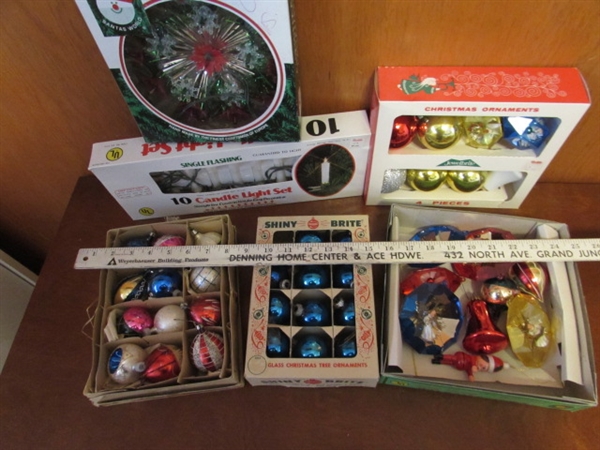 VINTAGE GLASS CHRISTMAS ORNAMENTS, CANDLE LIGHTS & TREE TOPPER