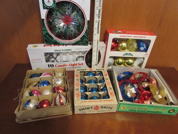 VINTAGE GLASS CHRISTMAS ORNAMENTS, CANDLE LIGHTS & TREE TOPPER