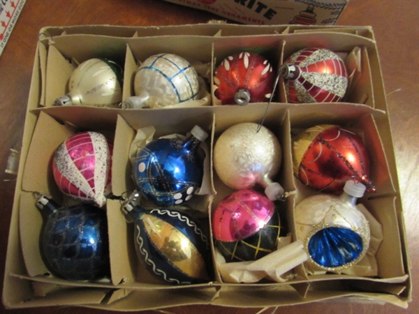 VINTAGE GLASS CHRISTMAS ORNAMENTS, CANDLE LIGHTS & TREE TOPPER