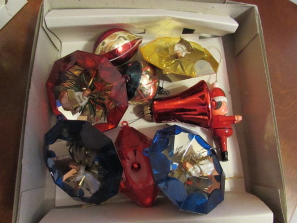 VINTAGE GLASS CHRISTMAS ORNAMENTS, CANDLE LIGHTS & TREE TOPPER