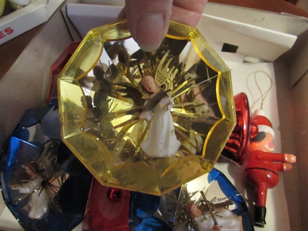VINTAGE GLASS CHRISTMAS ORNAMENTS, CANDLE LIGHTS & TREE TOPPER
