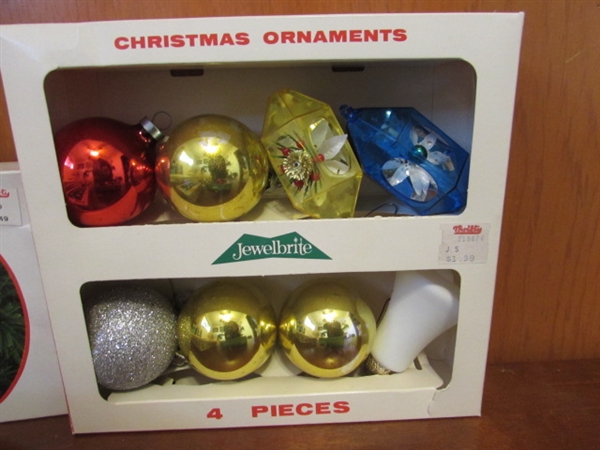 VINTAGE GLASS CHRISTMAS ORNAMENTS, CANDLE LIGHTS & TREE TOPPER