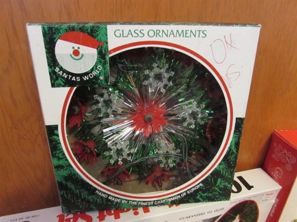 VINTAGE GLASS CHRISTMAS ORNAMENTS, CANDLE LIGHTS & TREE TOPPER