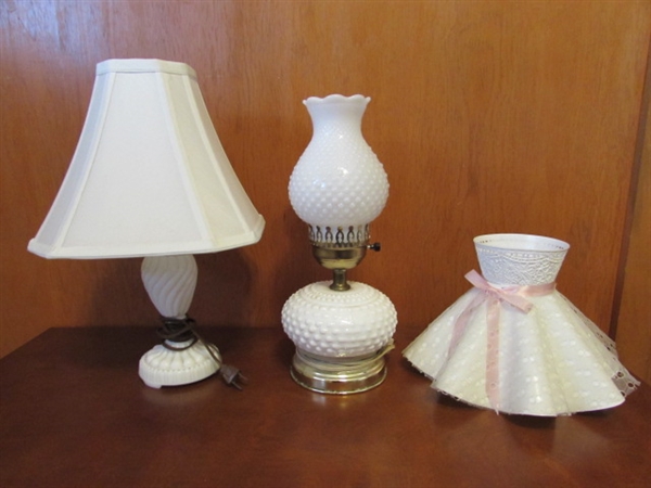 SMALL MILK GLASS LAMPS & EXTRA SHADE