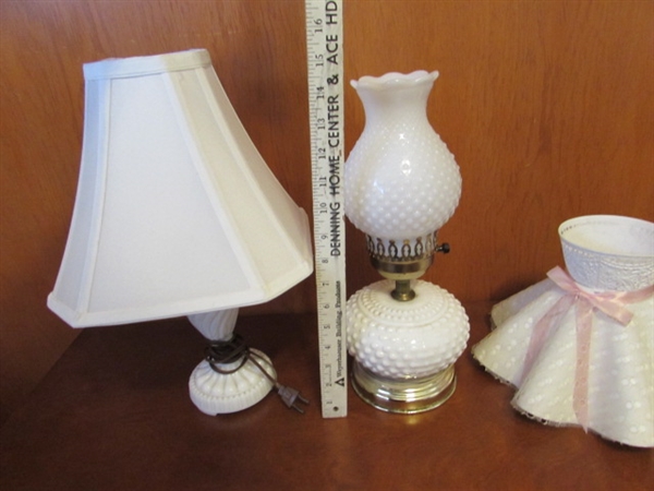 SMALL MILK GLASS LAMPS & EXTRA SHADE