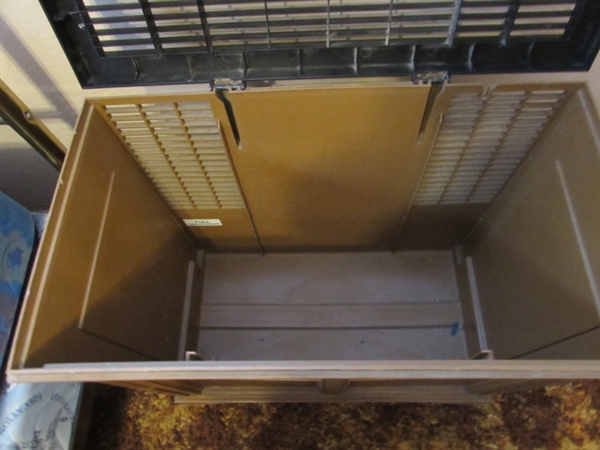VINTAGE PLASTIC STORAGE CABINET WITH HINGED TOP LID