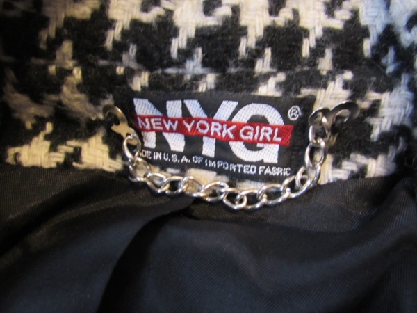 VINTAGE LADIES SIZE 16 WOOL BLEND HOUNDSTOOTH JACKET W/RED SCARF