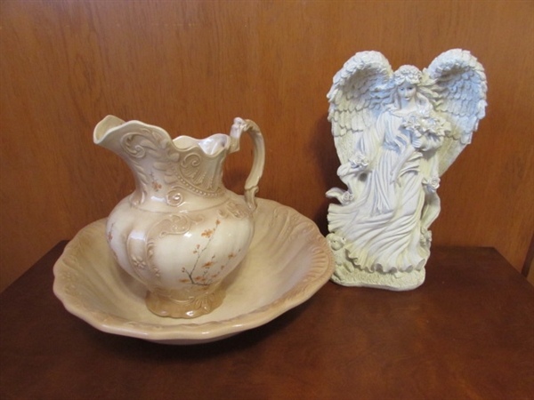 VINTAGE/ANTIQUE WASH BASIN & PITCHER & RESIN ANGEL STATUE