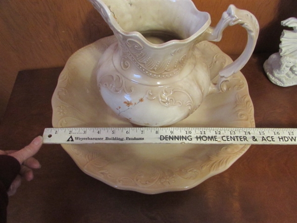 VINTAGE/ANTIQUE WASH BASIN & PITCHER & RESIN ANGEL STATUE