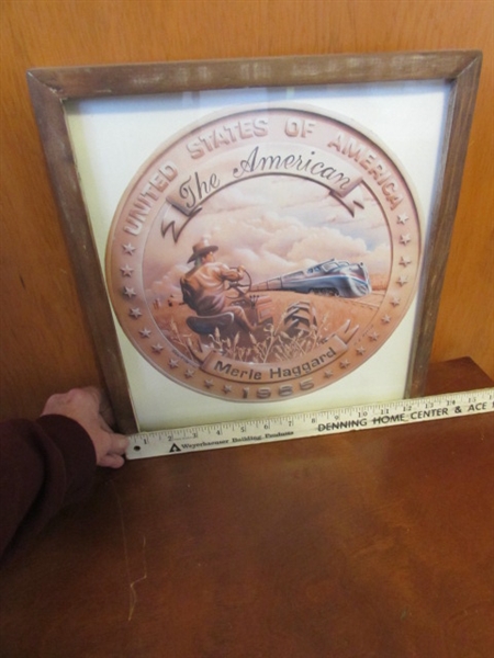 MEMORIAL FLAG & MERLE HAGGARD FRAMED COVER ART