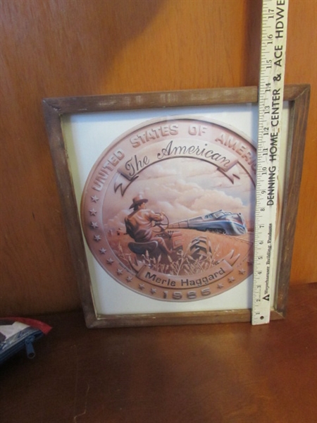 MEMORIAL FLAG & MERLE HAGGARD FRAMED COVER ART