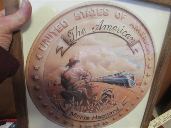 MEMORIAL FLAG & MERLE HAGGARD FRAMED COVER ART