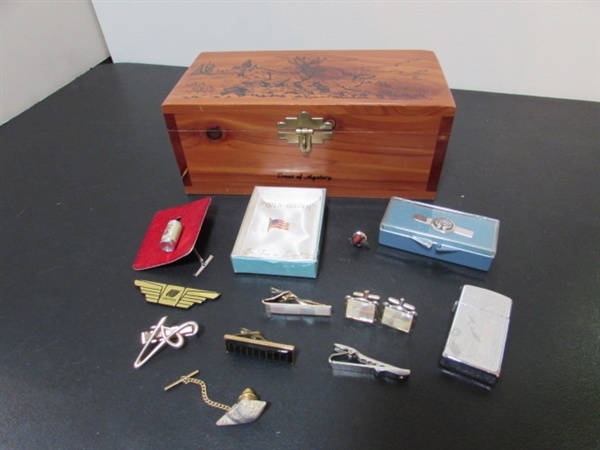 REDWOOD BOX WITH MEN'S ACCESSORIES - CUFFLINKS, TIE CLIPS & MORE