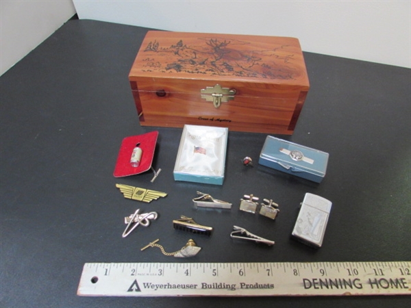 REDWOOD BOX WITH MEN'S ACCESSORIES - CUFFLINKS, TIE CLIPS & MORE