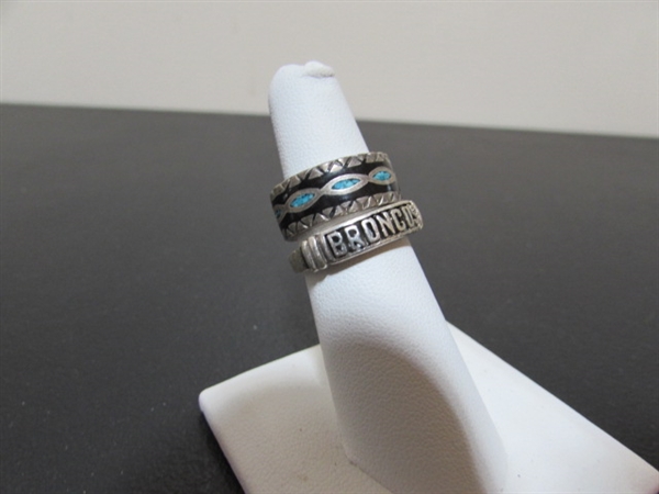 BRONCO & TURQUOISE CHIP INLAY STERLING SILVER RINGS