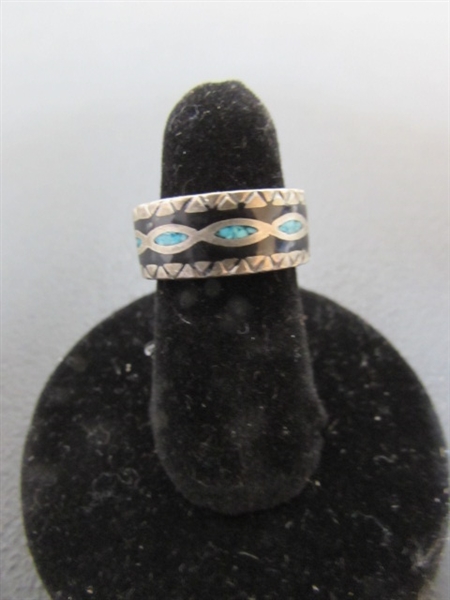 BRONCO & TURQUOISE CHIP INLAY STERLING SILVER RINGS