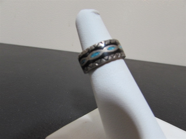 BRONCO & TURQUOISE CHIP INLAY STERLING SILVER RINGS