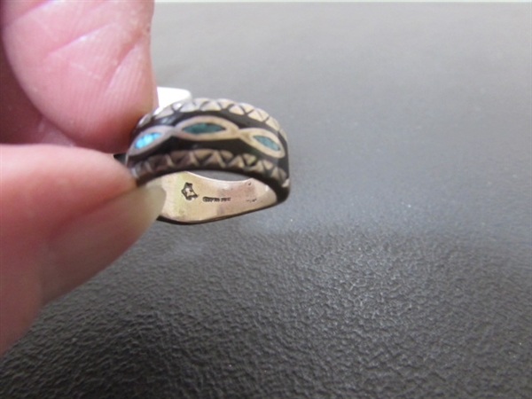 BRONCO & TURQUOISE CHIP INLAY STERLING SILVER RINGS