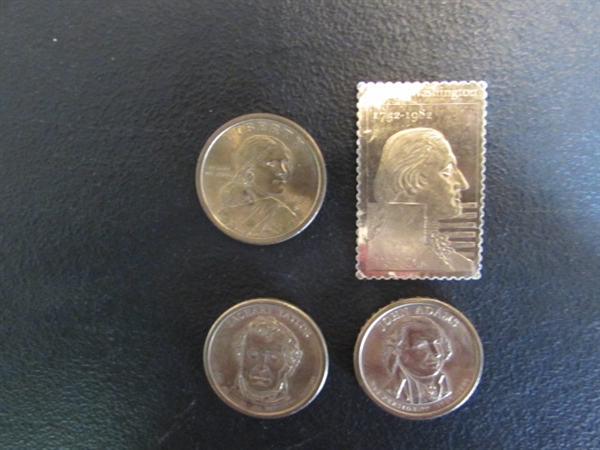 3 GOLD $1 US COINS & GOLD POSTAGE STAMP