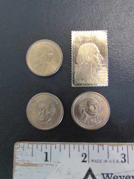 3 GOLD $1 US COINS & GOLD POSTAGE STAMP