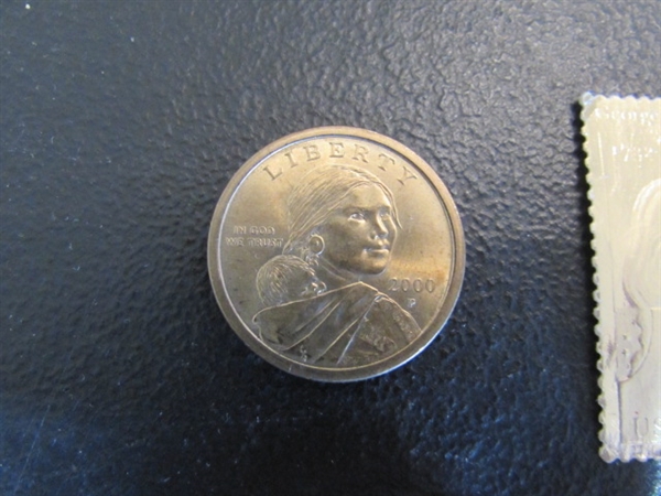 3 GOLD $1 US COINS & GOLD POSTAGE STAMP