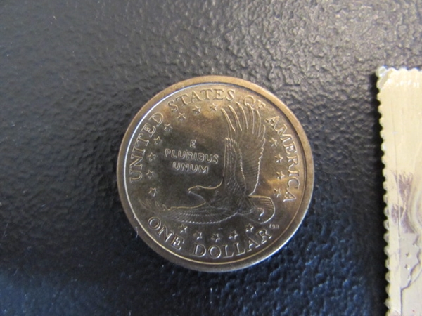 3 GOLD $1 US COINS & GOLD POSTAGE STAMP