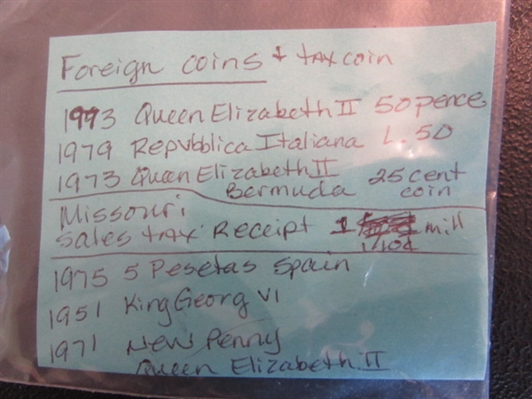 OLD MISSOURI SALES TAX RECEIPT COIN & COLLECTION OF FOREIGN COINS