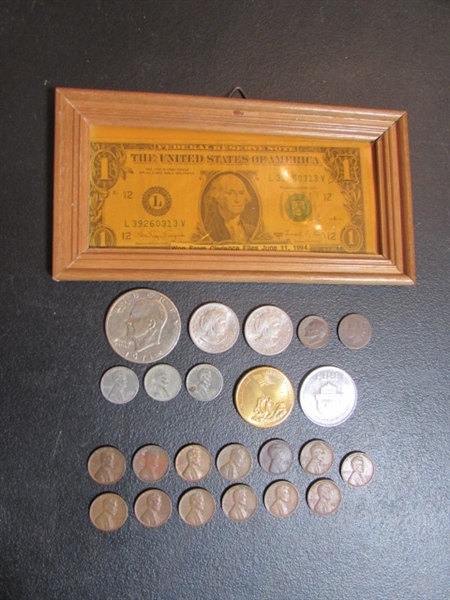 FRAMED $1 BILL, 3- $1 COINS, WHEAT PENNIES, STEEL WHEAT PENNIES & 1966 DIME & MORE