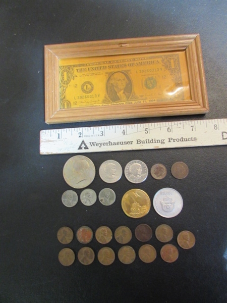 FRAMED $1 BILL, 3- $1 COINS, WHEAT PENNIES, STEEL WHEAT PENNIES & 1966 DIME & MORE