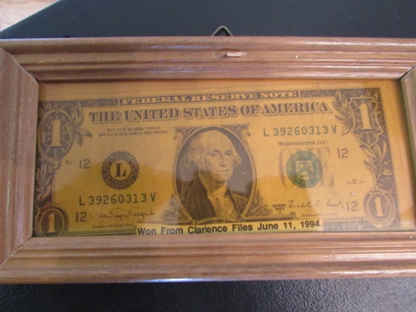 FRAMED $1 BILL, 3- $1 COINS, WHEAT PENNIES, STEEL WHEAT PENNIES & 1966 DIME & MORE