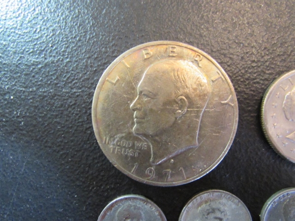 FRAMED $1 BILL, 3- $1 COINS, WHEAT PENNIES, STEEL WHEAT PENNIES & 1966 DIME & MORE