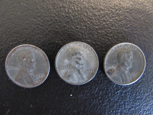 FRAMED $1 BILL, 3- $1 COINS, WHEAT PENNIES, STEEL WHEAT PENNIES & 1966 DIME & MORE