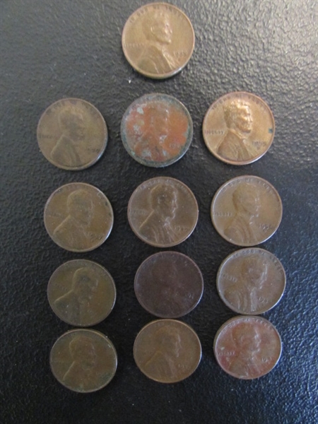 FRAMED $1 BILL, 3- $1 COINS, WHEAT PENNIES, STEEL WHEAT PENNIES & 1966 DIME & MORE