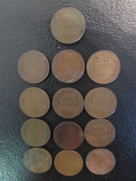 FRAMED $1 BILL, 3- $1 COINS, WHEAT PENNIES, STEEL WHEAT PENNIES & 1966 DIME & MORE