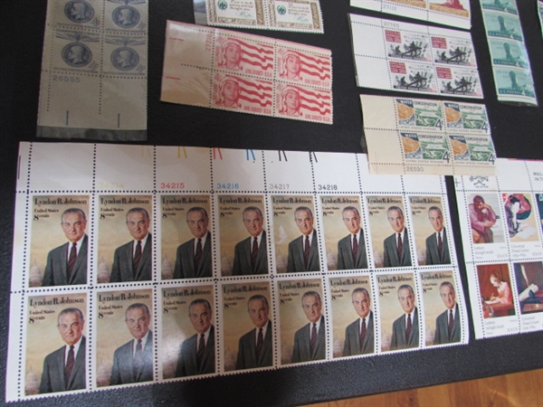 COLLECTION OF VINTAGE NH GUMMED POSTAGE STAMP BLOCKS & MINT BLOCK FILE WITH STAMPS