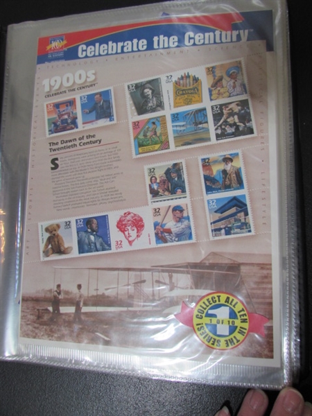 CELEBRATE THE CENTURY POSTAGE STAMP ALBUM WITH STAMPS FOR EACH DECADE - FULL