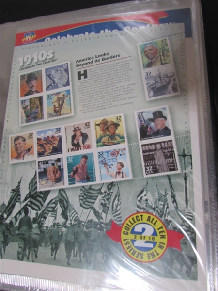 CELEBRATE THE CENTURY POSTAGE STAMP ALBUM WITH STAMPS FOR EACH DECADE - FULL