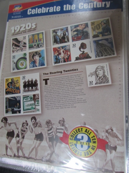 CELEBRATE THE CENTURY POSTAGE STAMP ALBUM WITH STAMPS FOR EACH DECADE - FULL