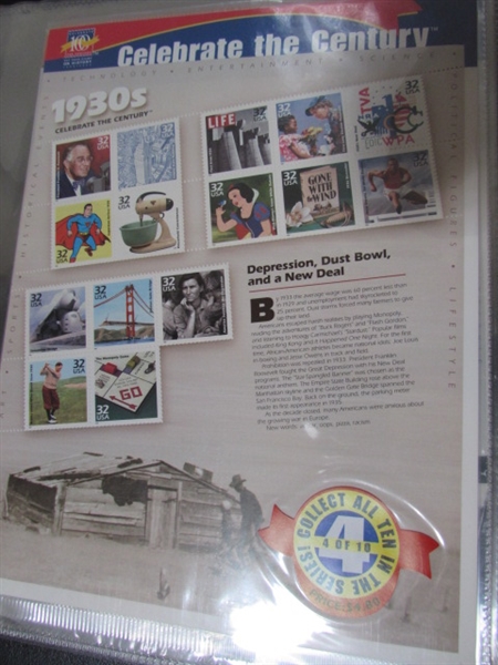 CELEBRATE THE CENTURY POSTAGE STAMP ALBUM WITH STAMPS FOR EACH DECADE - FULL