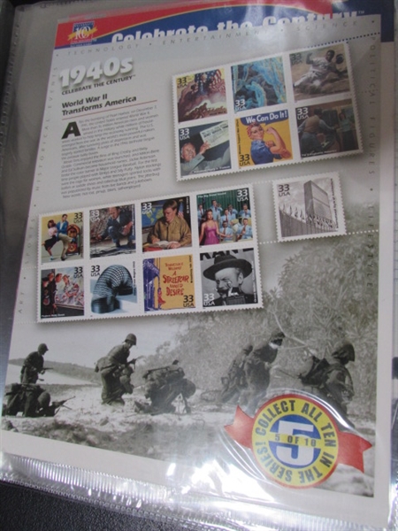 CELEBRATE THE CENTURY POSTAGE STAMP ALBUM WITH STAMPS FOR EACH DECADE - FULL