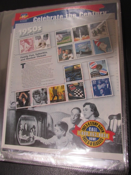 CELEBRATE THE CENTURY POSTAGE STAMP ALBUM WITH STAMPS FOR EACH DECADE - FULL